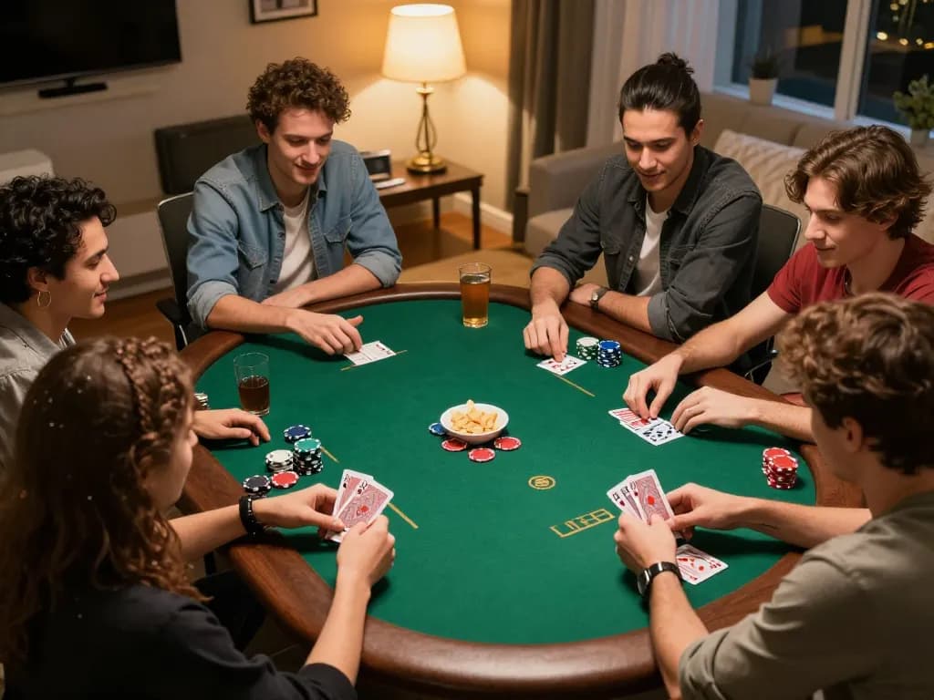 Friends enjoying a thrilling poker game night, showcasing f168 dynamics and competitive spirit in a cozy home.