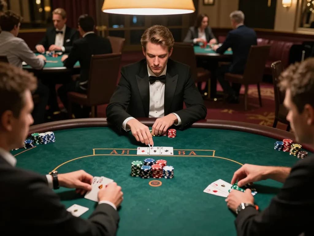 Sun win players thrillingly strategizing during a high-stakes poker game at a lavish casino table.