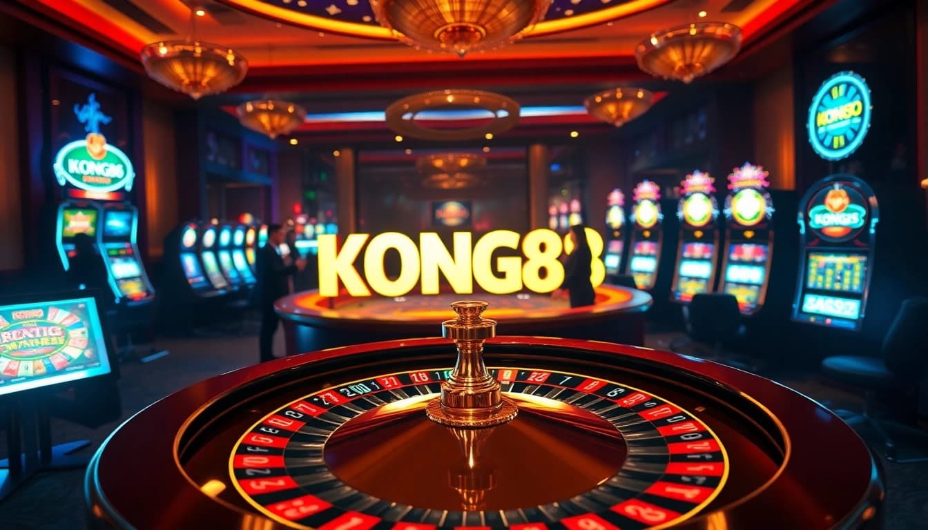 KONG88 showcases a thrilling casino environment with roulette wheels and vibrant slot machines.