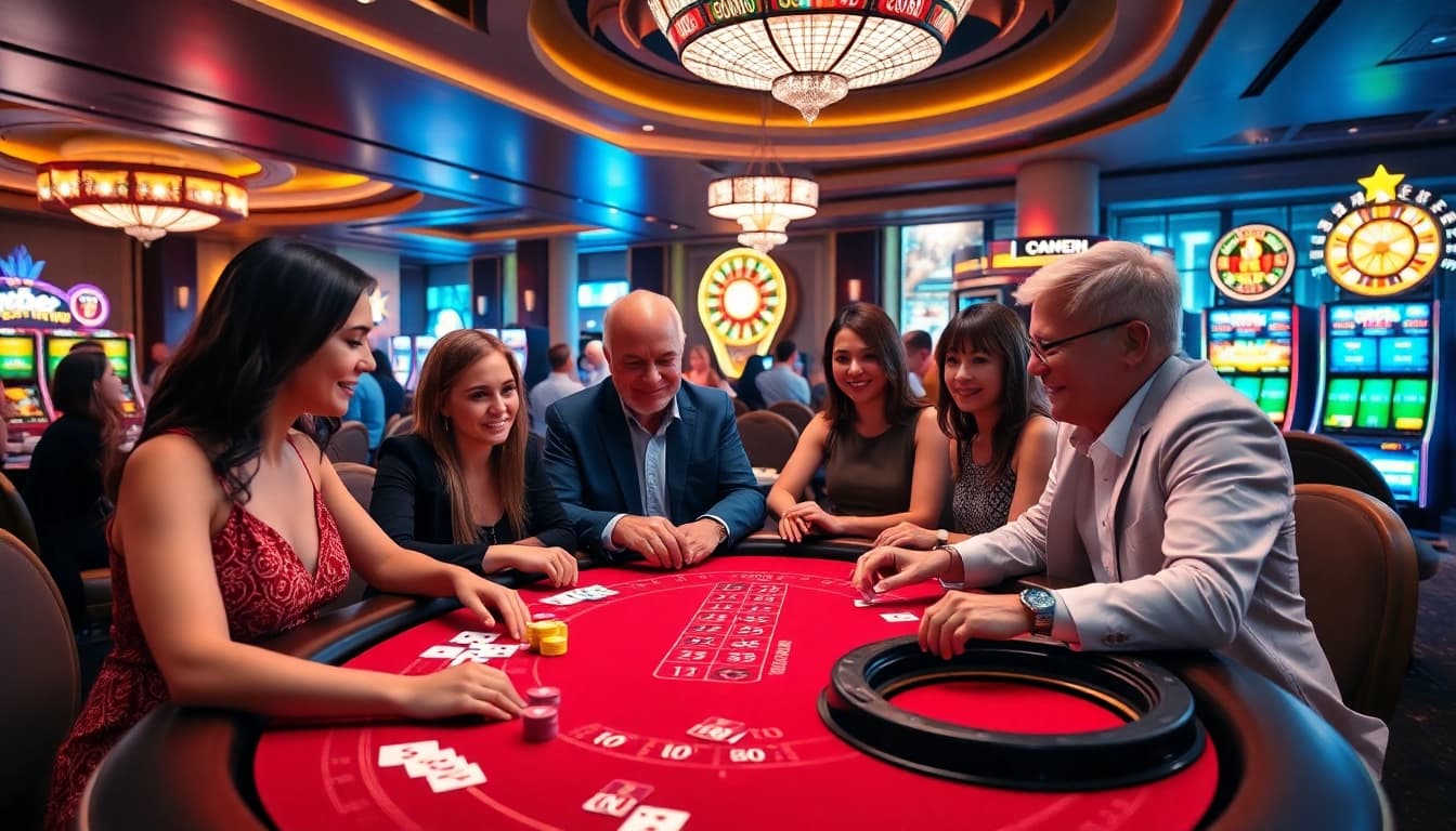 A dynamic casino scene at 789bet com with players engaging in poker and roulette, showcasing excitement and strategy.