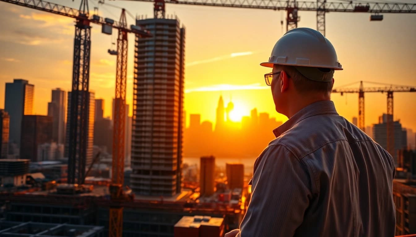New York Construction Manager directing an urban construction project under sunset lighting.