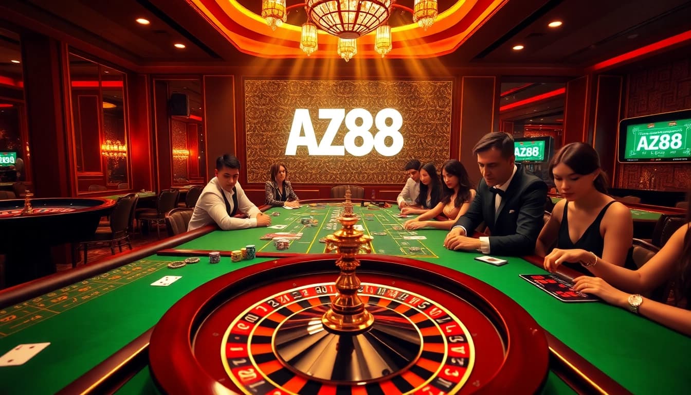 Players enjoying the immersive AZ88 casino experience with roulette and poker tables.