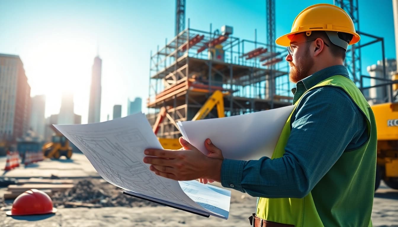New York General Contractor analyzing blueprints on a busy construction site.