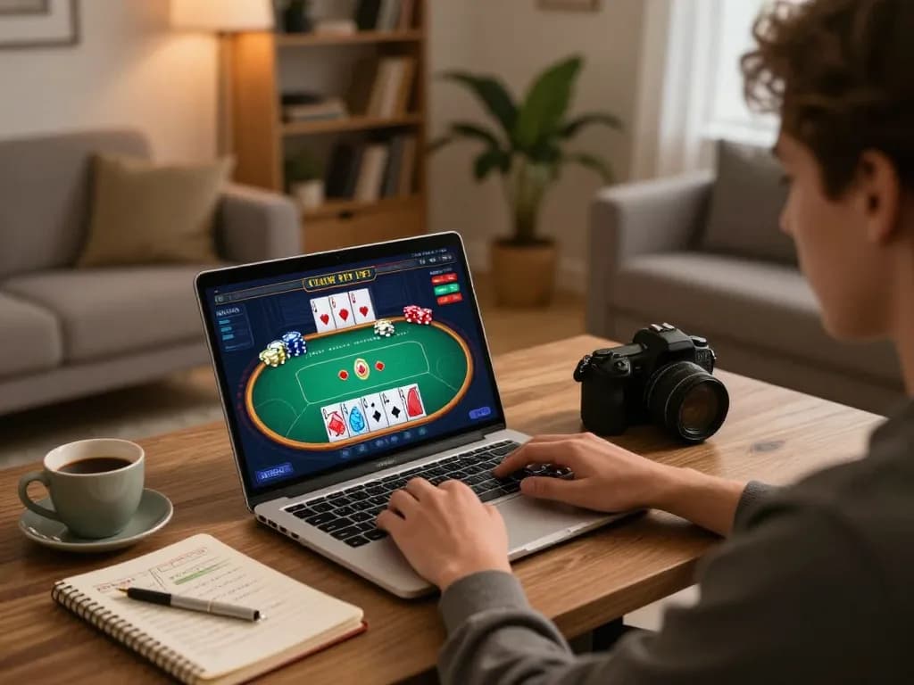 Player enjoying mk 8 poker game on laptop at home with cozy atmosphere and strategic notes