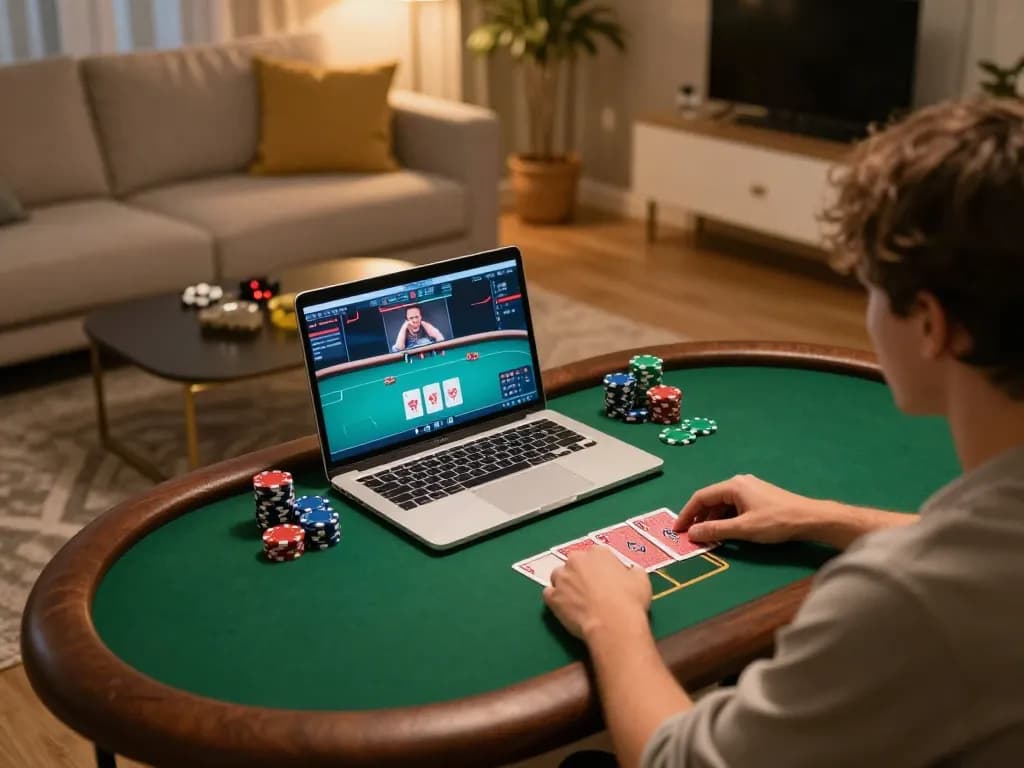 Player engaged in an exciting poker game on go88hv's online platform with cozy home ambiance.
