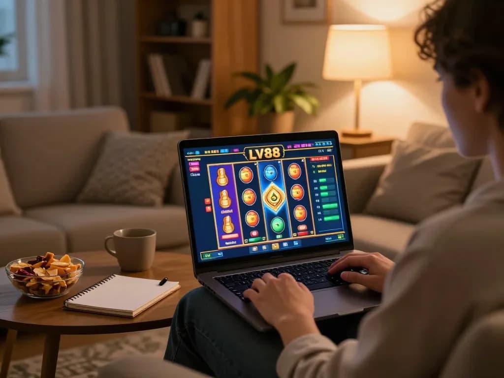 Player enjoying a vibrant online slot game at LV88’s engaging platform from home.