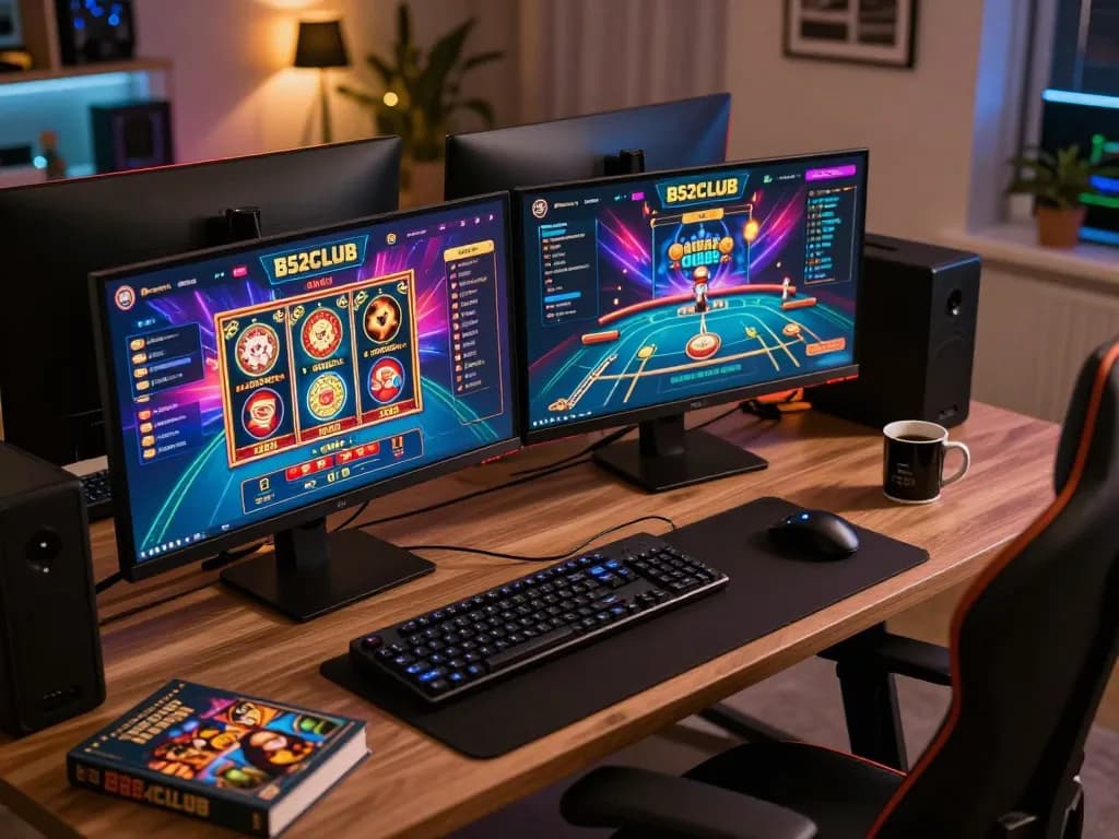 B52CLUB online gaming scene showcasing vibrant casino game interfaces on dual monitors, inviting gaming atmosphere.