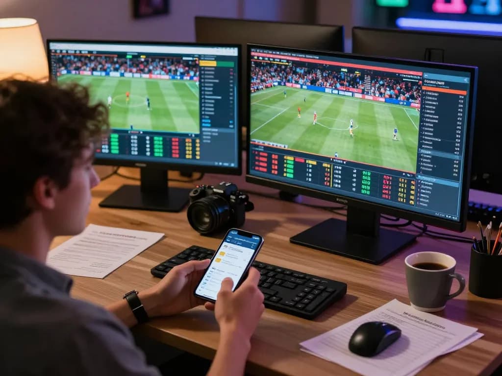 Engaged user at home using cm88 com for live sports betting with excited anticipation.