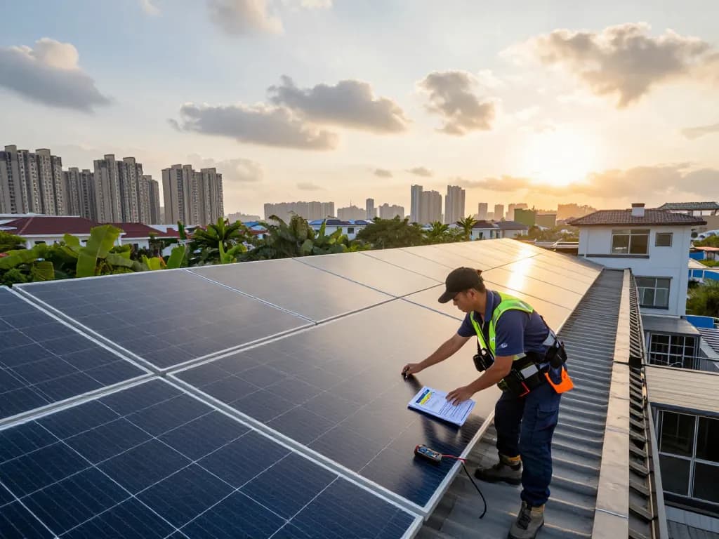 Technician inspecting LID- en LeTID-degradatie PV-modules on residential solar panel installation