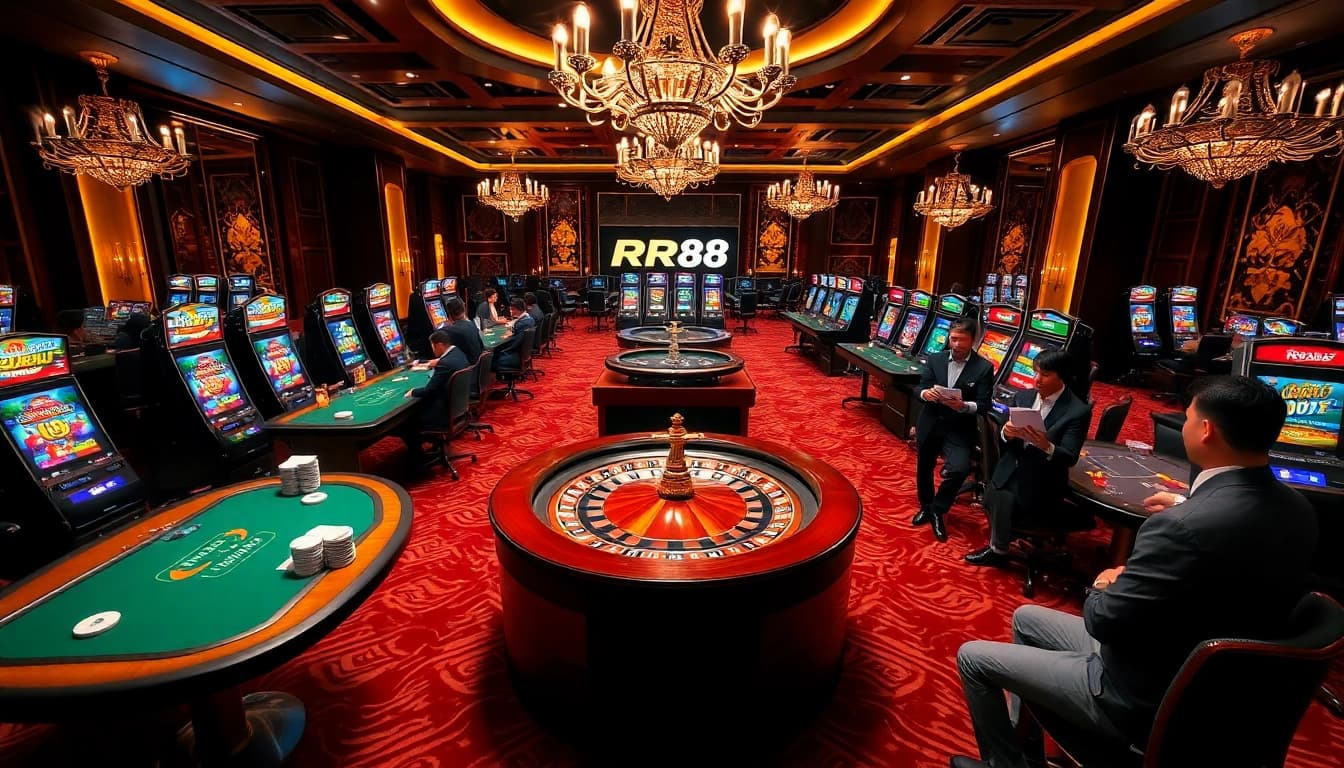 Players enjoy a thrilling gaming experience at RR88's luxurious casino tables.