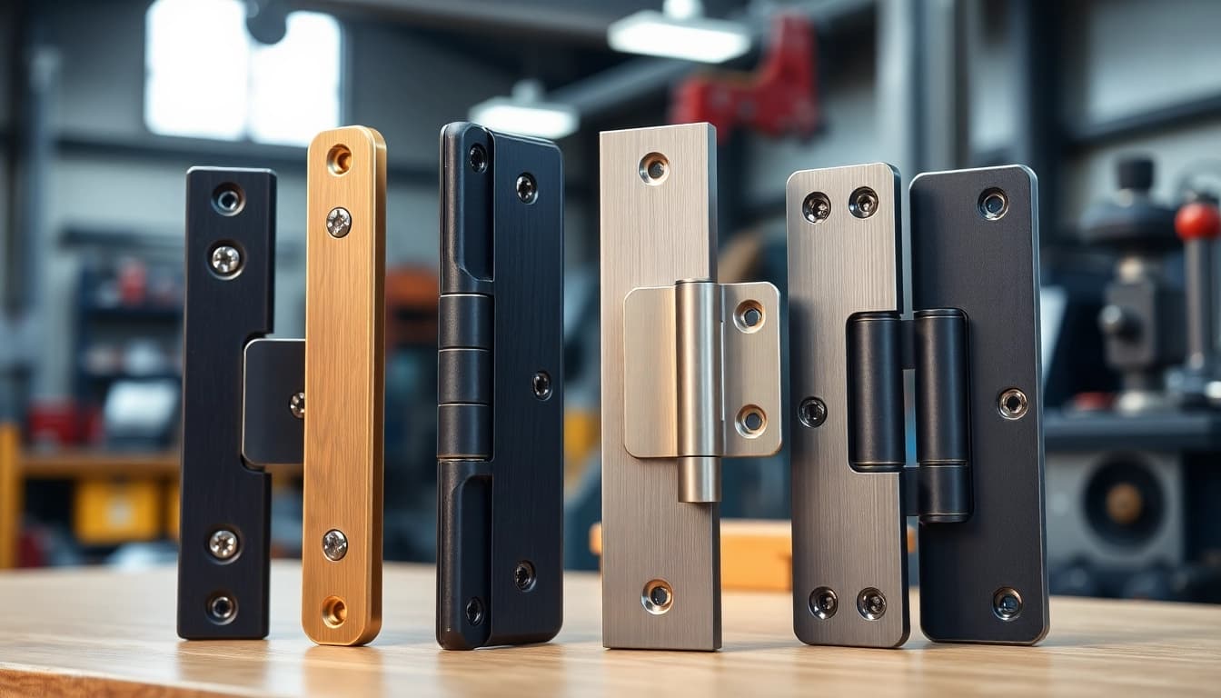 Showcase of diverse door hinges by a Door Hinges Manufacturer in a well-lit workshop setting.