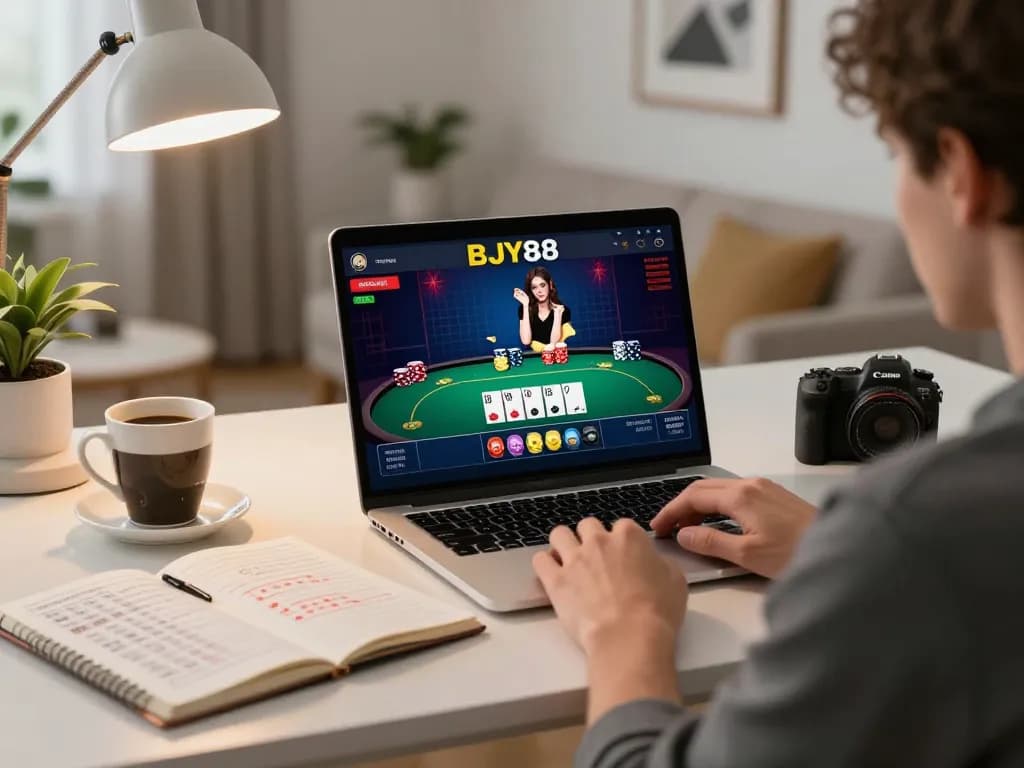 Player engaging in online gambling at BJ88bj with laptop, revealing live dealer cards and betting strategies.