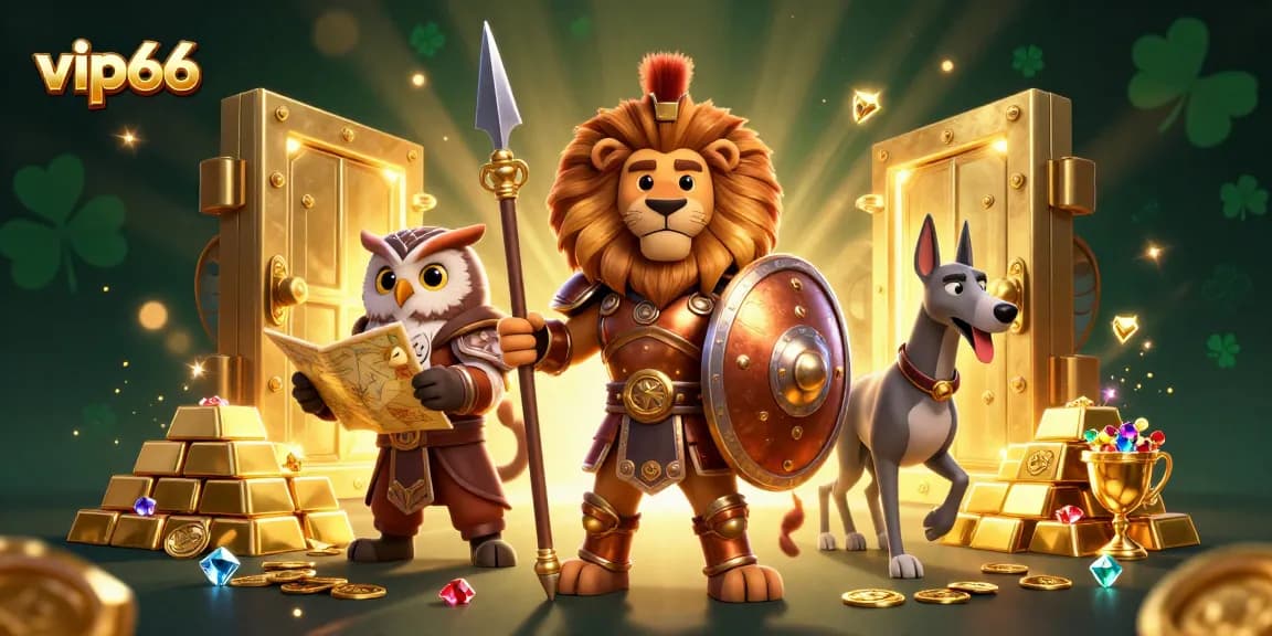 Join the thrilling adventure at vip66, featuring a Spartan lion, owl strategist, and greyhound messenger alongside gold treasures.