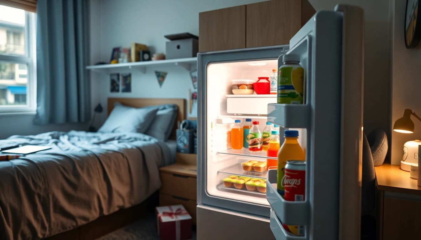 A dorm room fridge filled with snacks and beverages, showcasing organized storage in a student bedroom.