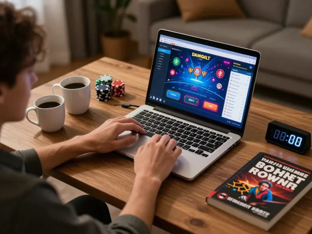 Engaging scene of a player using Link mới Xo88 for online poker in a cozy home setting, blending excitement and responsible gaming.