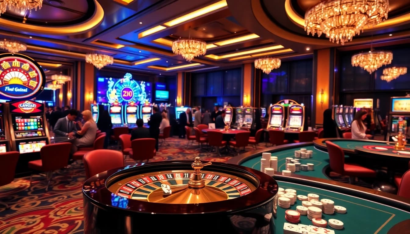 Experience the excitement at QQ88pro Vip with a vibrant casino scene showcasing roulette, slot machines, and poker.