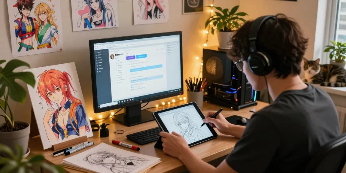 Ecchi bot artist creating characters in a cozy studio with anime sketches and colorful tools.