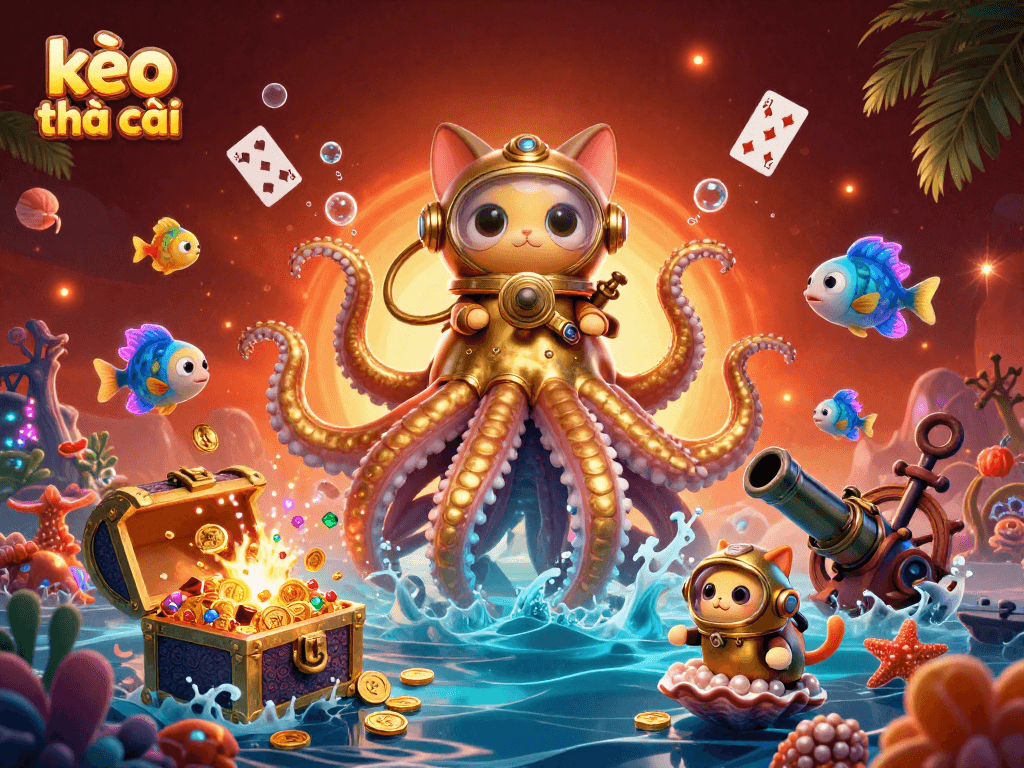 Engaging visuals featuring kèo nhà cái, kraken, and diving cat in a vibrant underwater gambling theme
