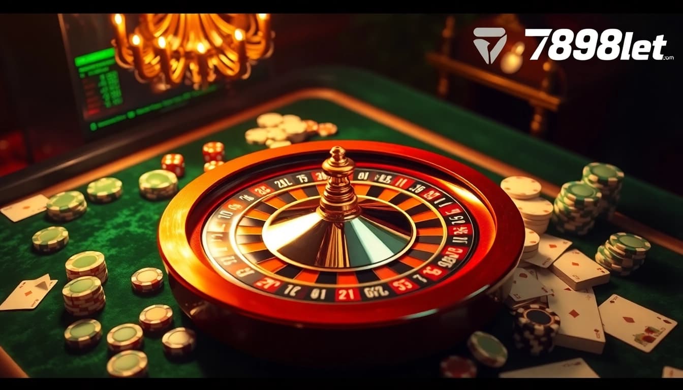 A lively gambling atmosphere featuring 789bet com's roulette wheel, poker chips, and cards for an engaging casino experience.