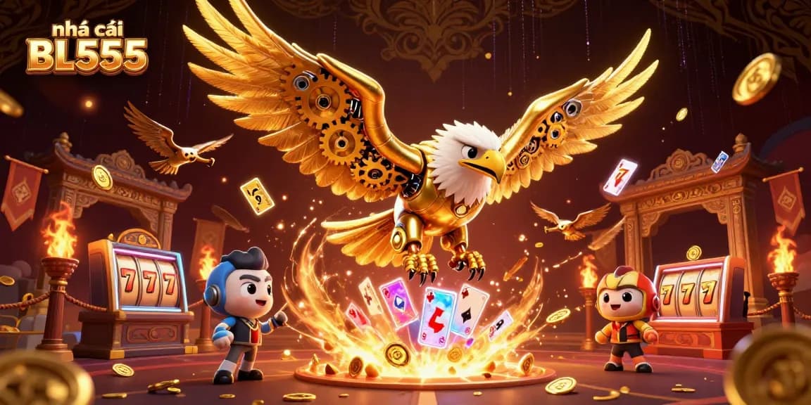 Engage with nhà cái BL555's online gaming experience, featuring a cybernetic eagle amidst dynamic casino elements.