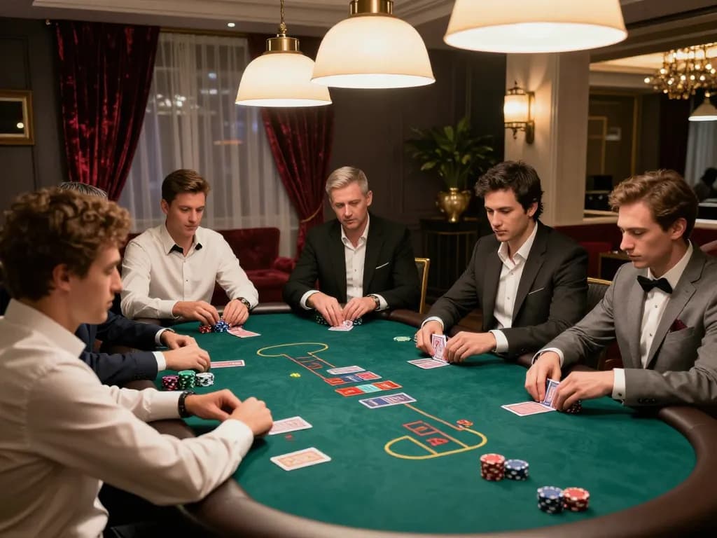 FC88 poker players strategizing their next move in a luxurious casino atmosphere.
