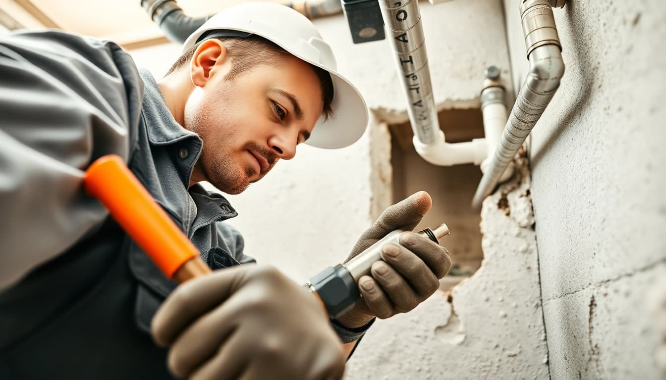 Providing whole house repiping services St Petersburg FL with a plumber inspecting pipes in a residential home.