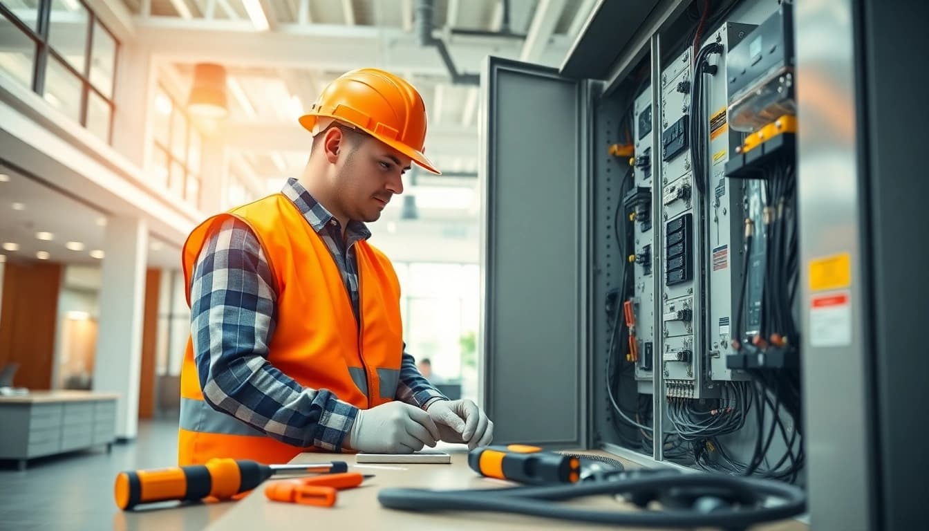 Dynamic scene of a commercial electrician vancouver fixing an electrical panel in an office.