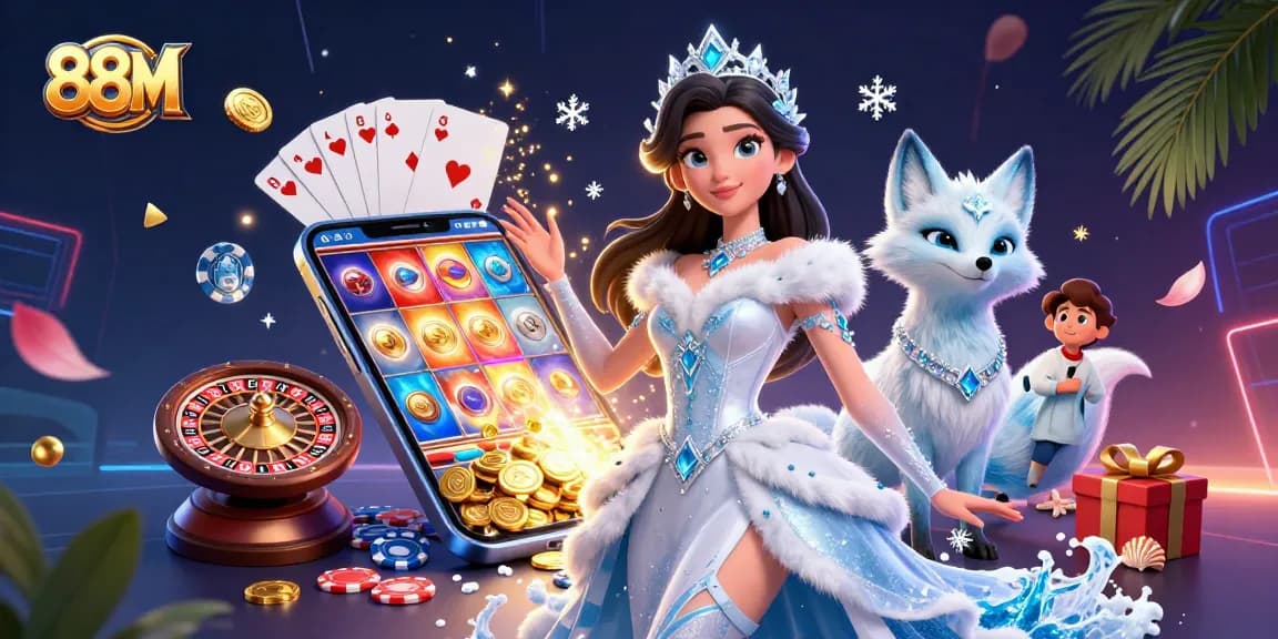 Experience the excitement of 88M with spinning slots and golden coins in this vibrant illustration.