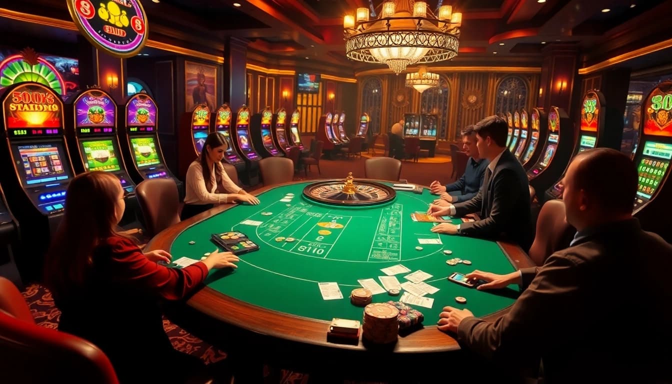 An exciting casino scene featuring players at a poker table and vibrant slot machines, representing https://bem88.com gaming experience.