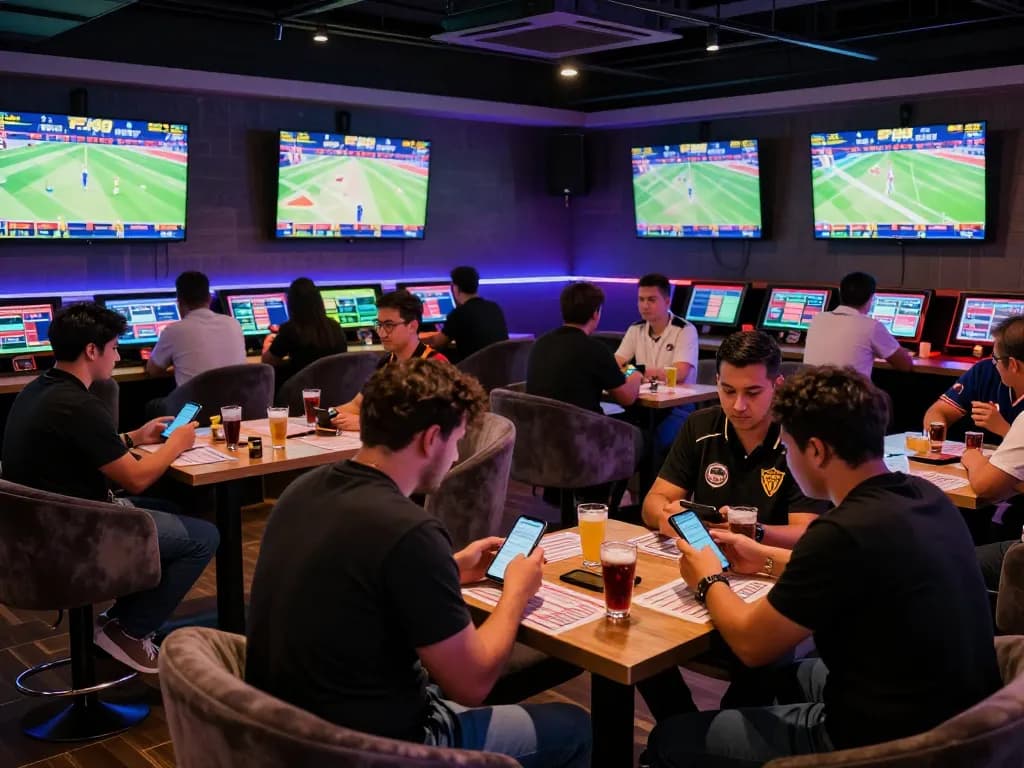 Engaging sports bettors using the F168 platform to place bets amid a vibrant sports lounge atmosphere.