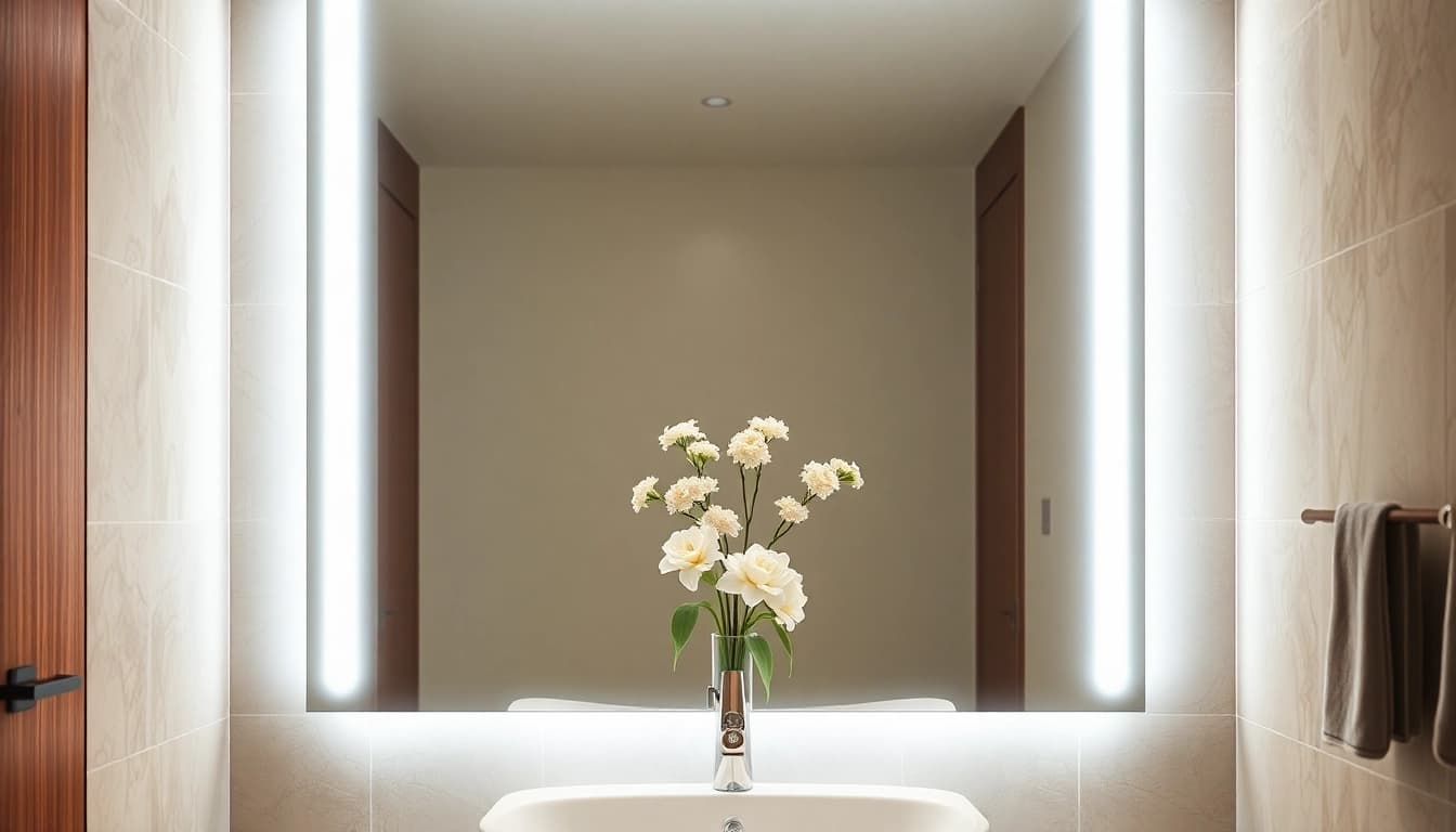 Reflect bright elegant led mirror beautifully illuminating a modern bathroom setting.