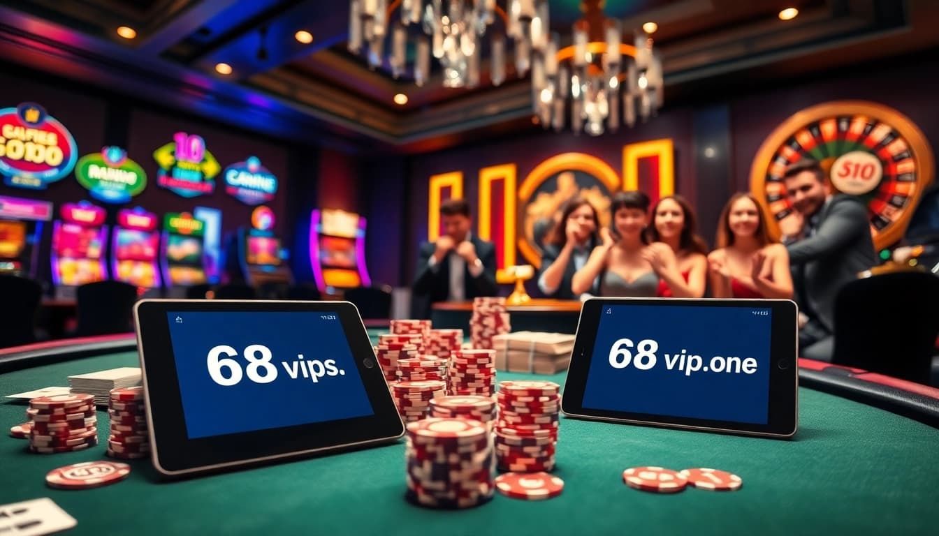 Experience the thrill of online gaming at https://68vip.one/ with luxurious casino tables and vibrant slot machines.