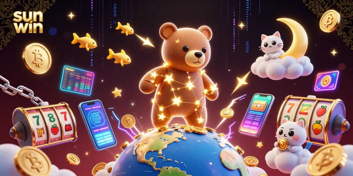 Experience sun win excitement with a vibrant 3D casino scene featuring gold star bear, slot elements, and crypto coins.