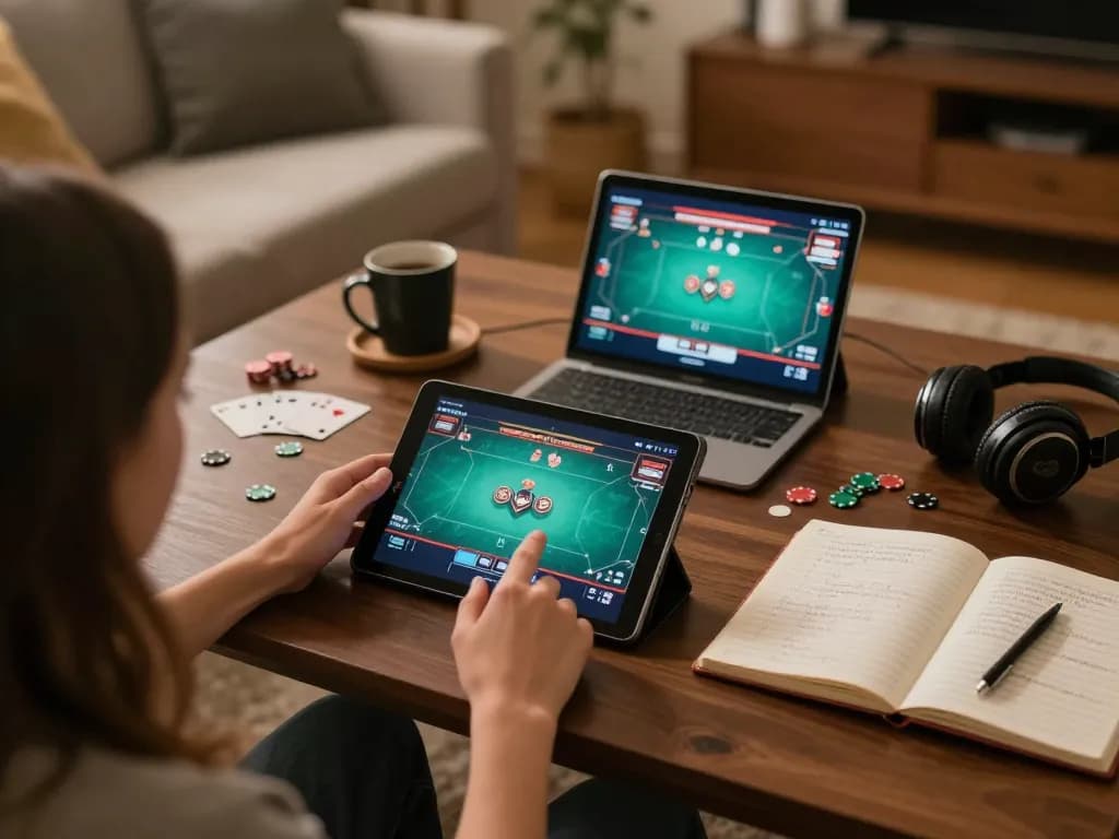 Engaging poker gameplay on WIN79 tablet surrounded by casual home setup