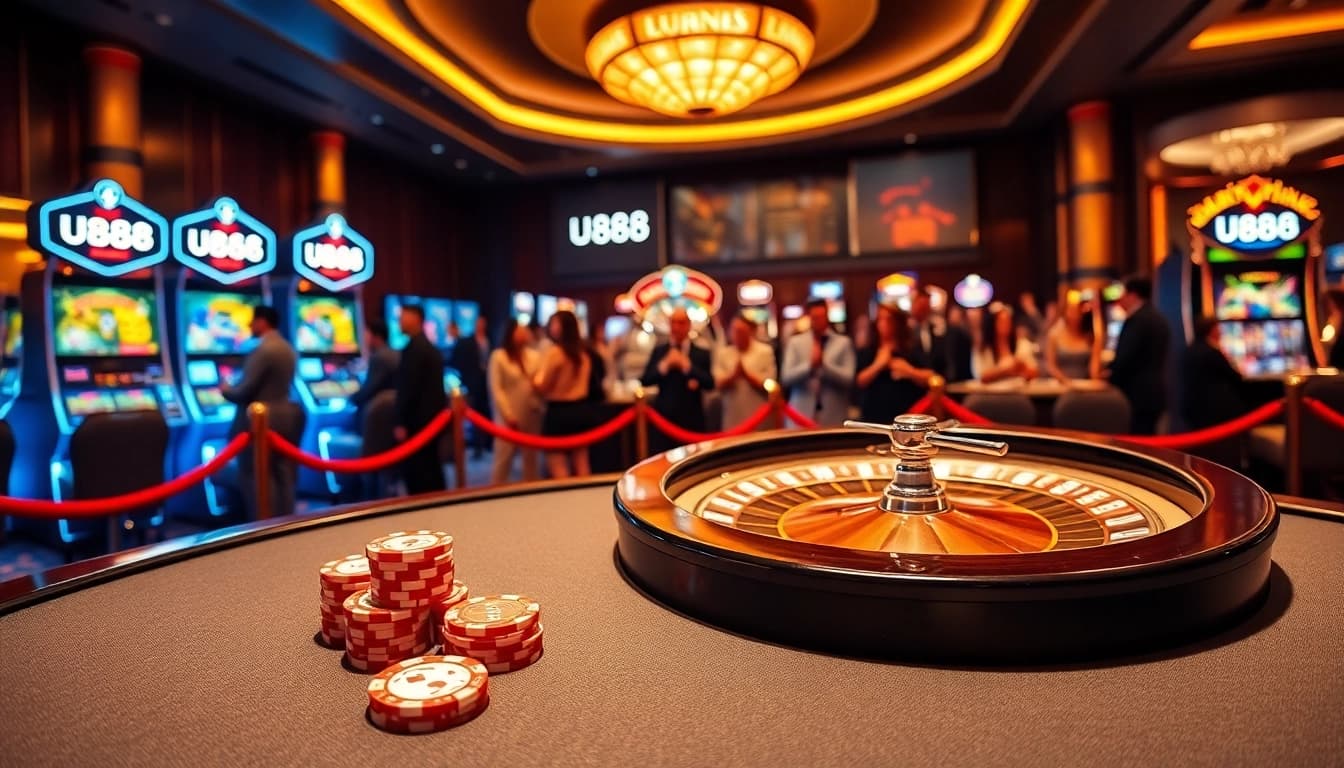 U888 casino gaming excitement with lively poker chips and roulette wheel