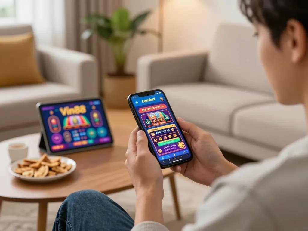 Experience Link mới Vin88 mobile betting app on cozy couch with snacks and gaming interface