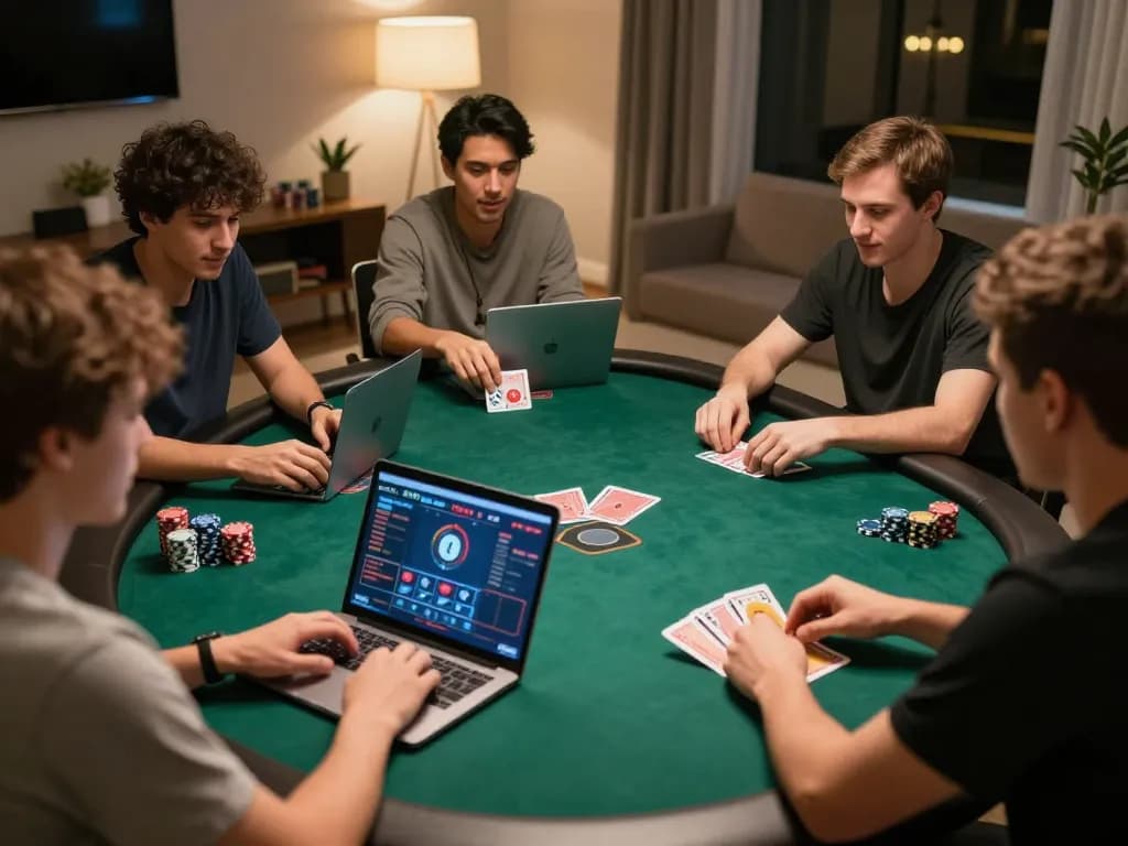 Players enjoying a thrilling online poker game on 78winbizcom, showcasing strategic gameplay in a cozy home setting