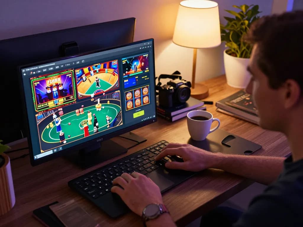 Player enjoying F168 online casino gaming on a laptop in a cozy home setup.