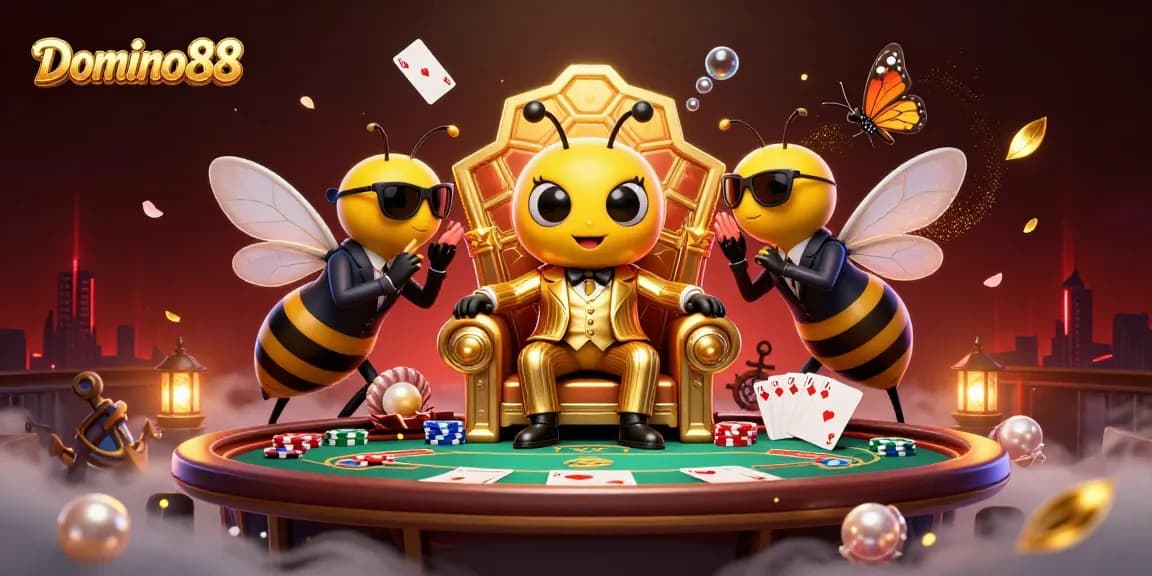 Experience the thrill of Domino88 poker with a vibrant casino scene featuring a bumblebee mob boss.
