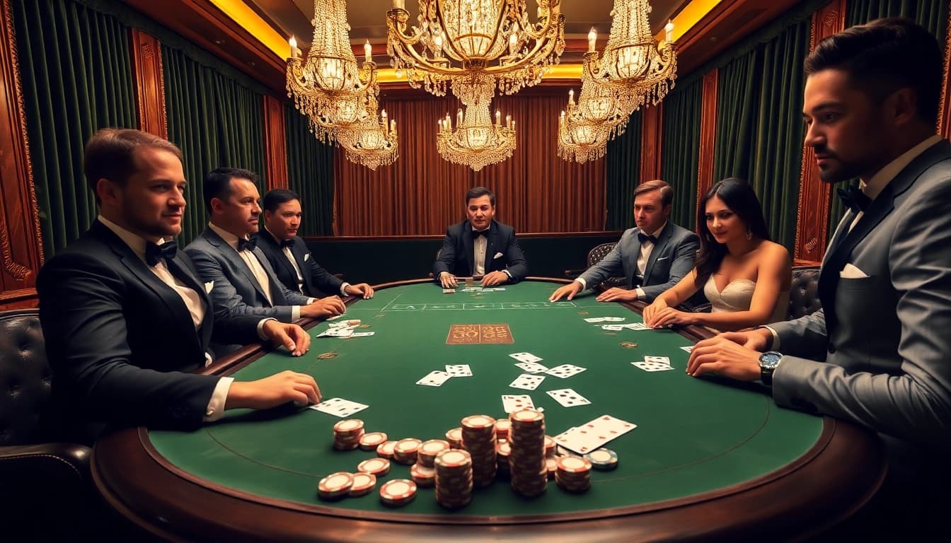 Exciting high-stakes poker action at GO88 casino table with elegant players.