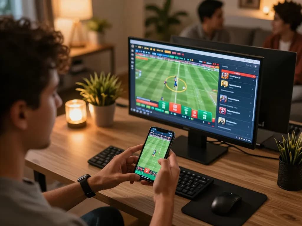 Place bets on sports using the Link mới Vk88 in a modern and inviting home office setup.