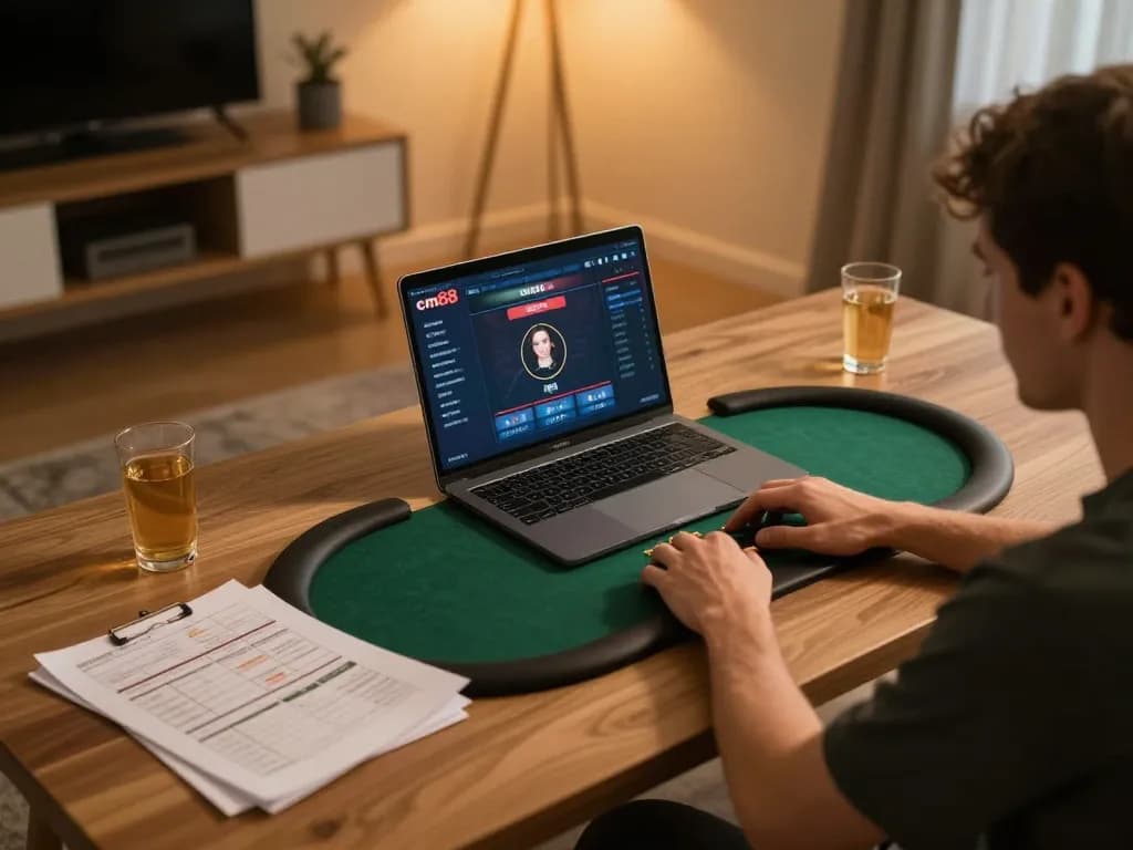 Player enjoying online poker at cm88, showcasing game interface and strategy planning.