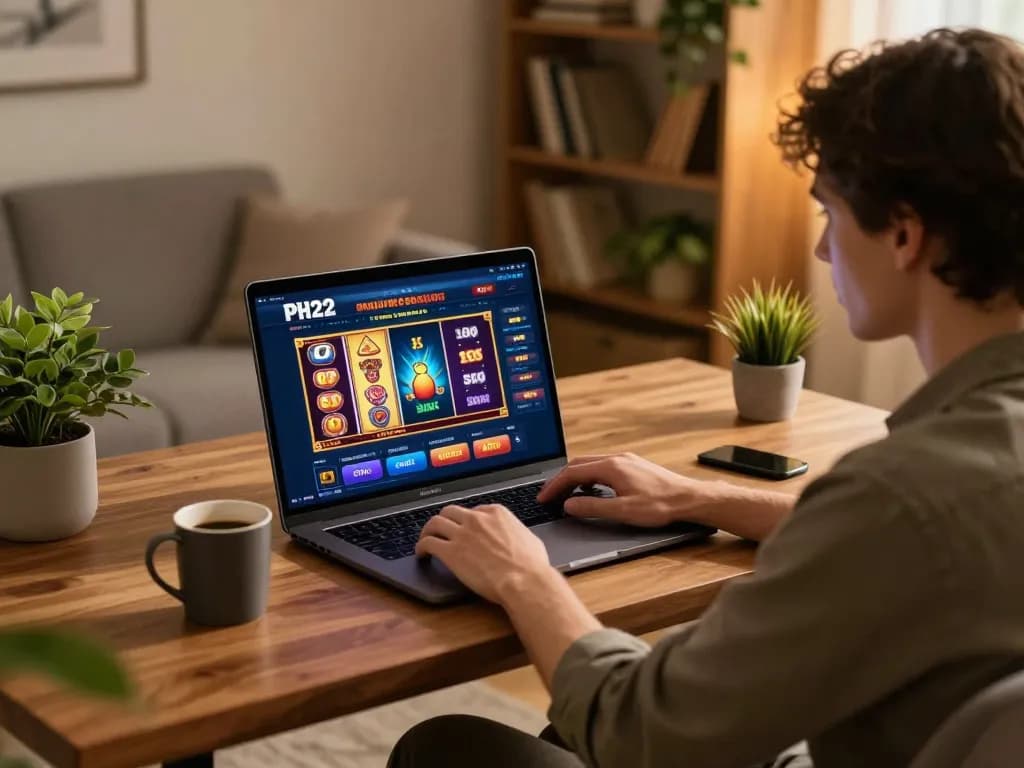 Person engaging with PH22 online casino interface in a cozy home setting while enjoying responsible gambling.