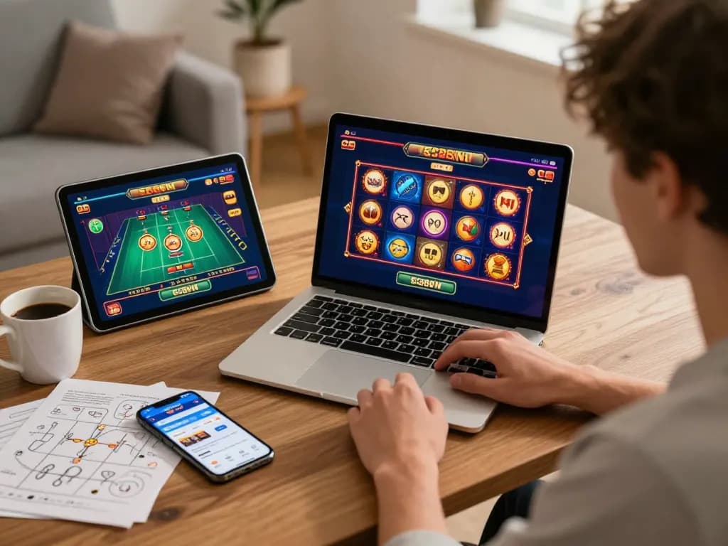 Player enjoying SC88VN slot games on a laptop, showcasing online gambling in a cozy setup.