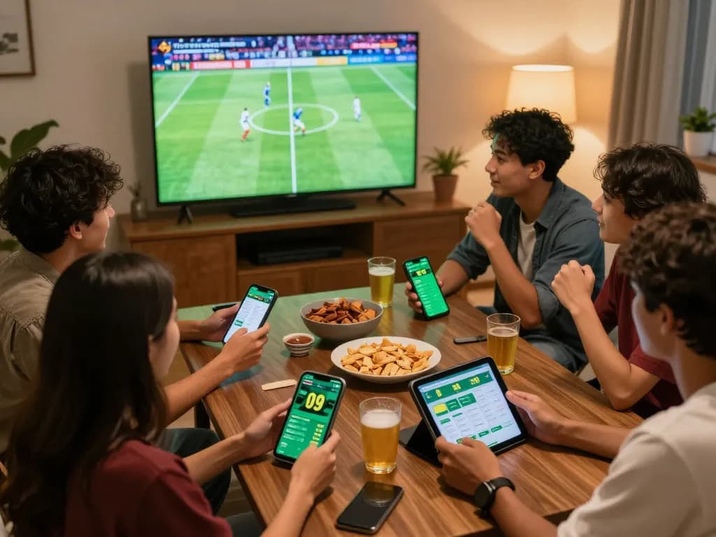 Friends passionately engaging in kèo bóng đá trực tuyến betting during a live football match.