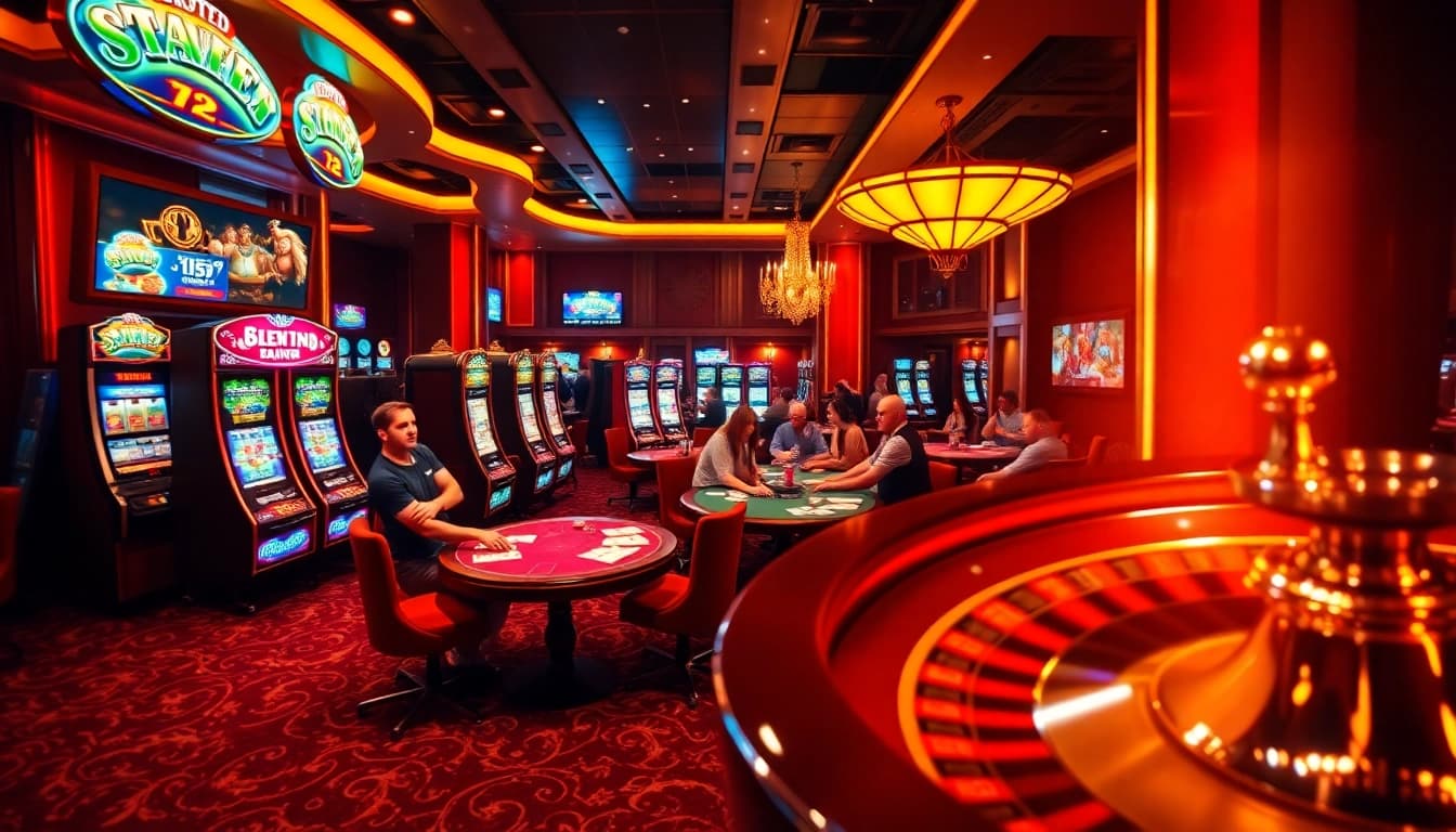 Engaging scene at thabett.io depicting thrilling casino action with vibrant slot machines and poker tables.