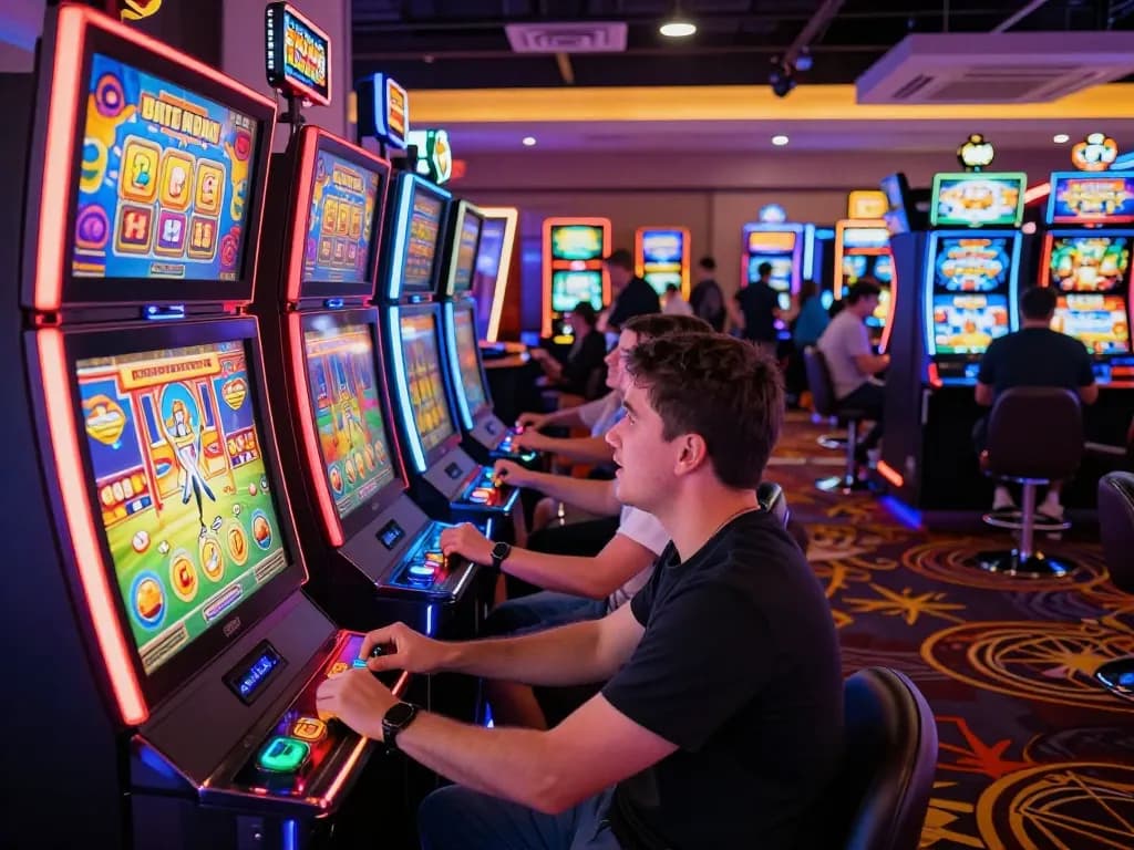 Engaged players spin colorful slot machines at https://fc88.today, showcasing lively casino atmosphere.