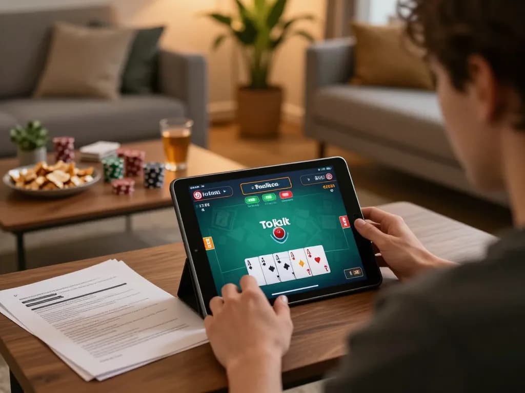 Experience gem88 online poker with strategic gameplay in a cozy home setting, showcasing a comfortable gaming atmosphere.