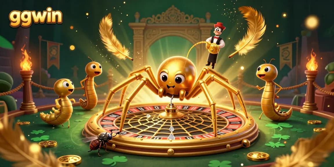 Engage in thrilling bets with ggwin at a lavish casino scene featuring a golden spider and centipede croupier.