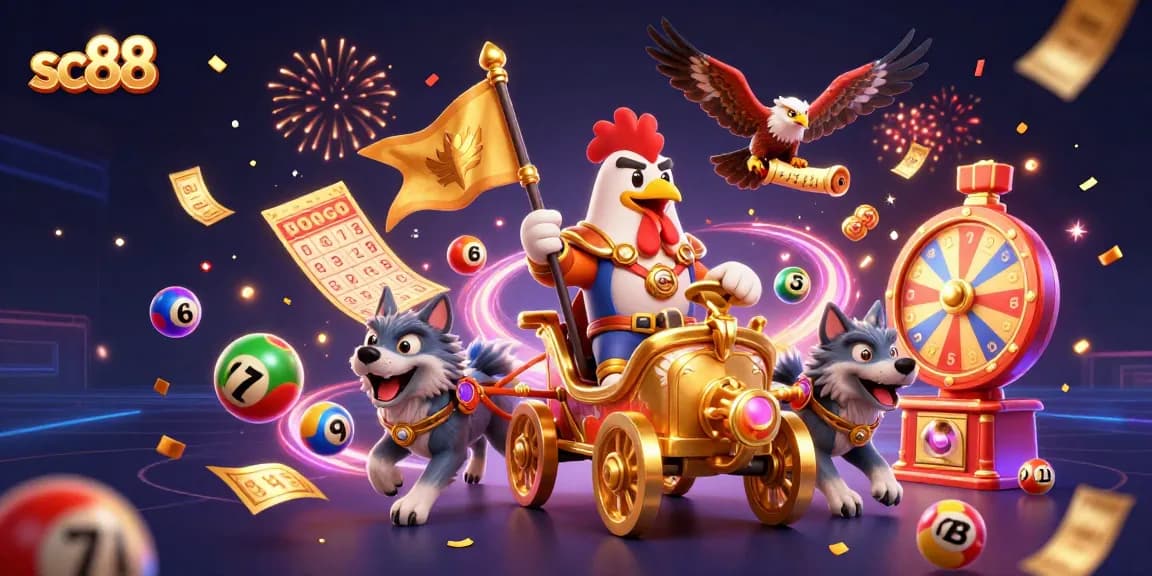 Engage in thrilling gameplay at sc88 with a dynamic illustration featuring a rooster warlord and a lucky casino environment!